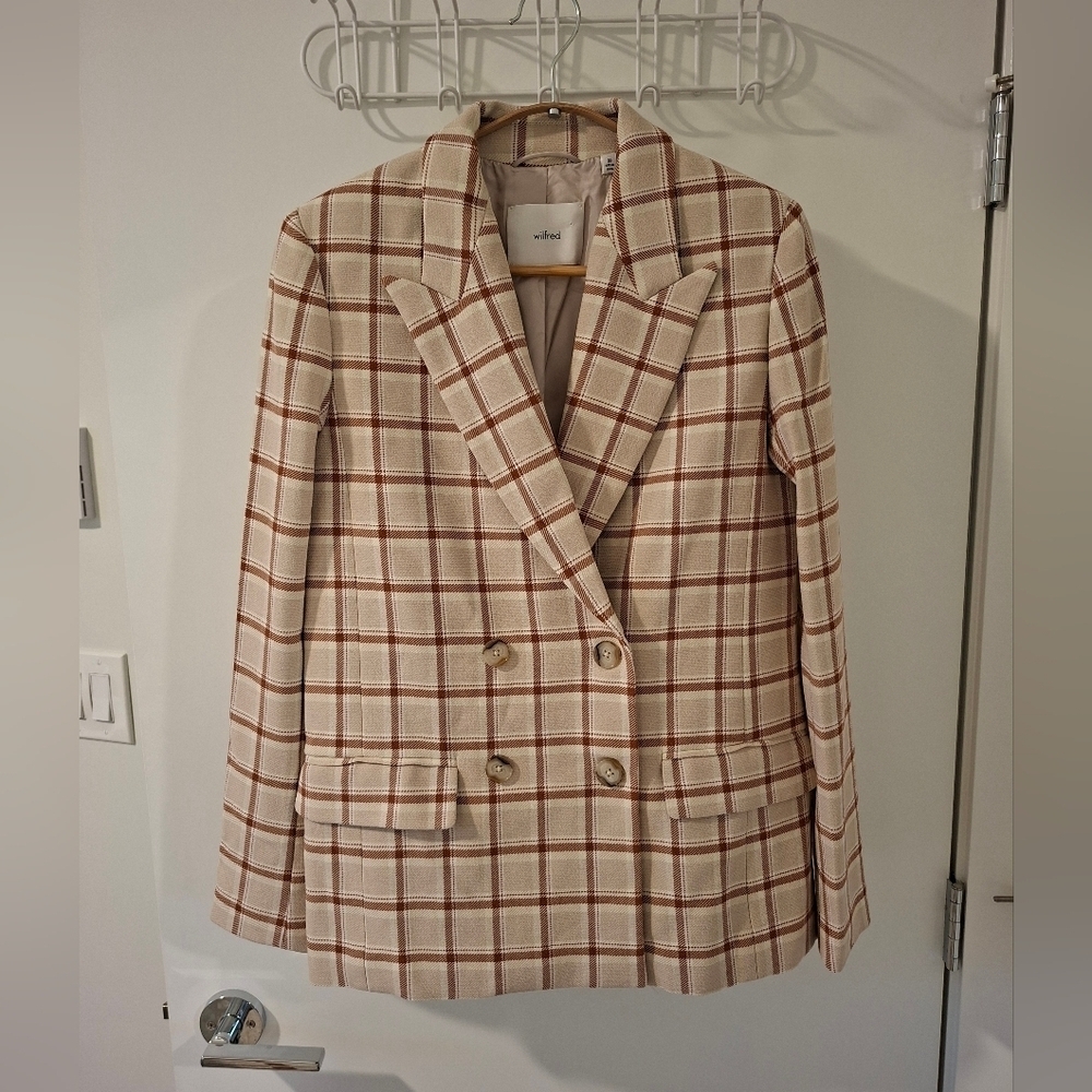 NWOT Wilfred 'Destiny' Double-Breasted Blazer in Caramel-tone Plaid (Size 00)